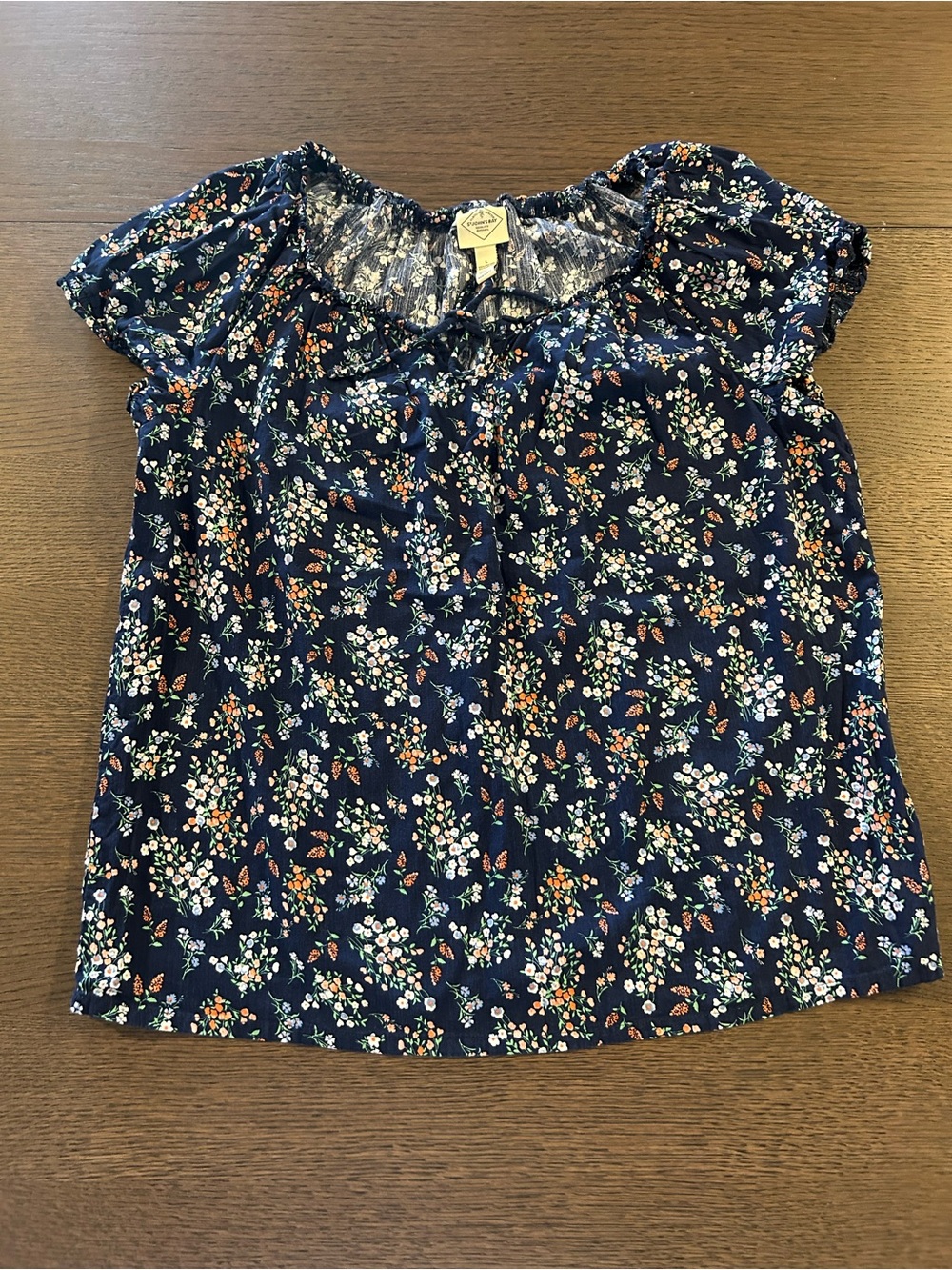 St. John’s Bay Women Floral Short Sleeve Peasant Neck Tie Detail Blouse Sz L